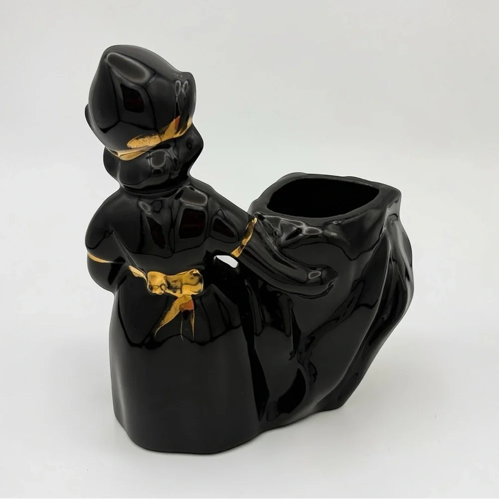 Vintage Blackamoor Ceramic Dutch Girl Figurine Black With Gold Trim Planter MCM